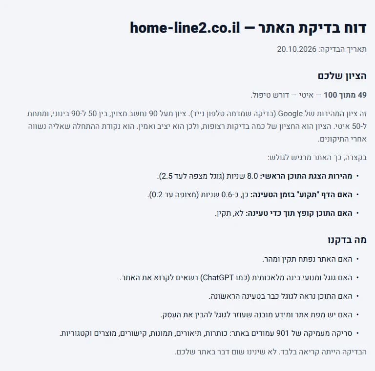 עמוד הדוח של טורבו בעברית פשוטה: הציון, מה נבדק ומה נמצא